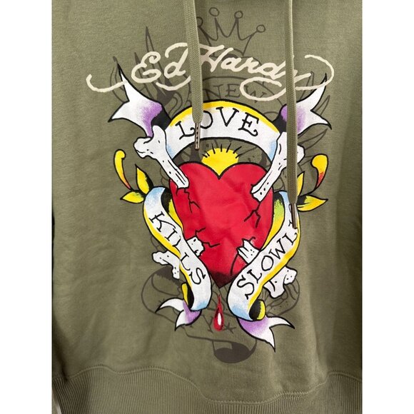 Ed Hardy Womens Olive Green Hoodie Love Kills Slowly Graphic Medium Cotton Blend - Picture 3 of 7